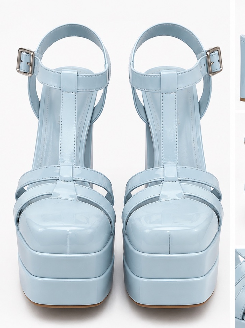 Platform T-Strap High Heel Sandals in Light Blue